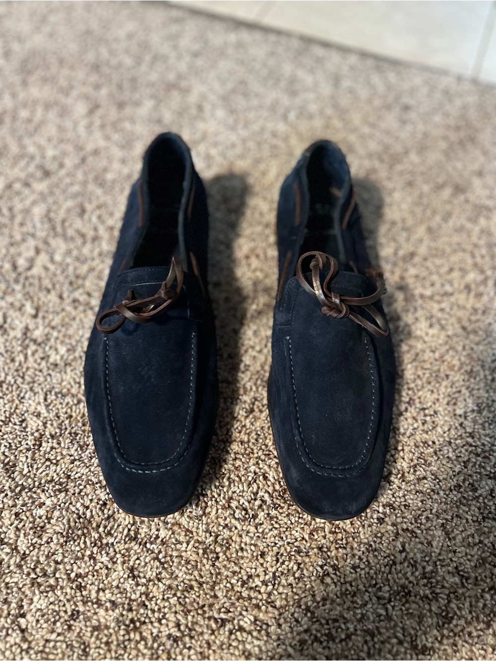 Santoni Navy Suede Slip-On Loafers with Brown Leather Bow